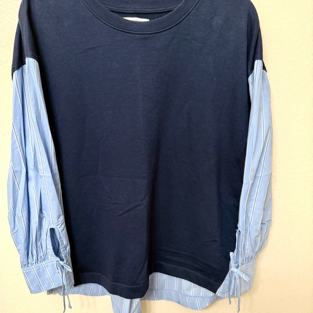 Women's Free Assembly Mixed Blousant Shirt Blue plaid & solid navy blue 2XL work